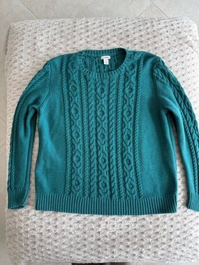 L.L. Bean Teal Cable-Knit Crewneck Sweater